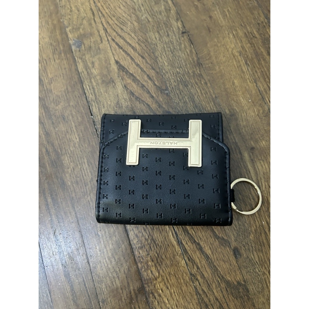 Halston Black Folded Wallet Women Logo Credit Card Gold Hardware Keychain